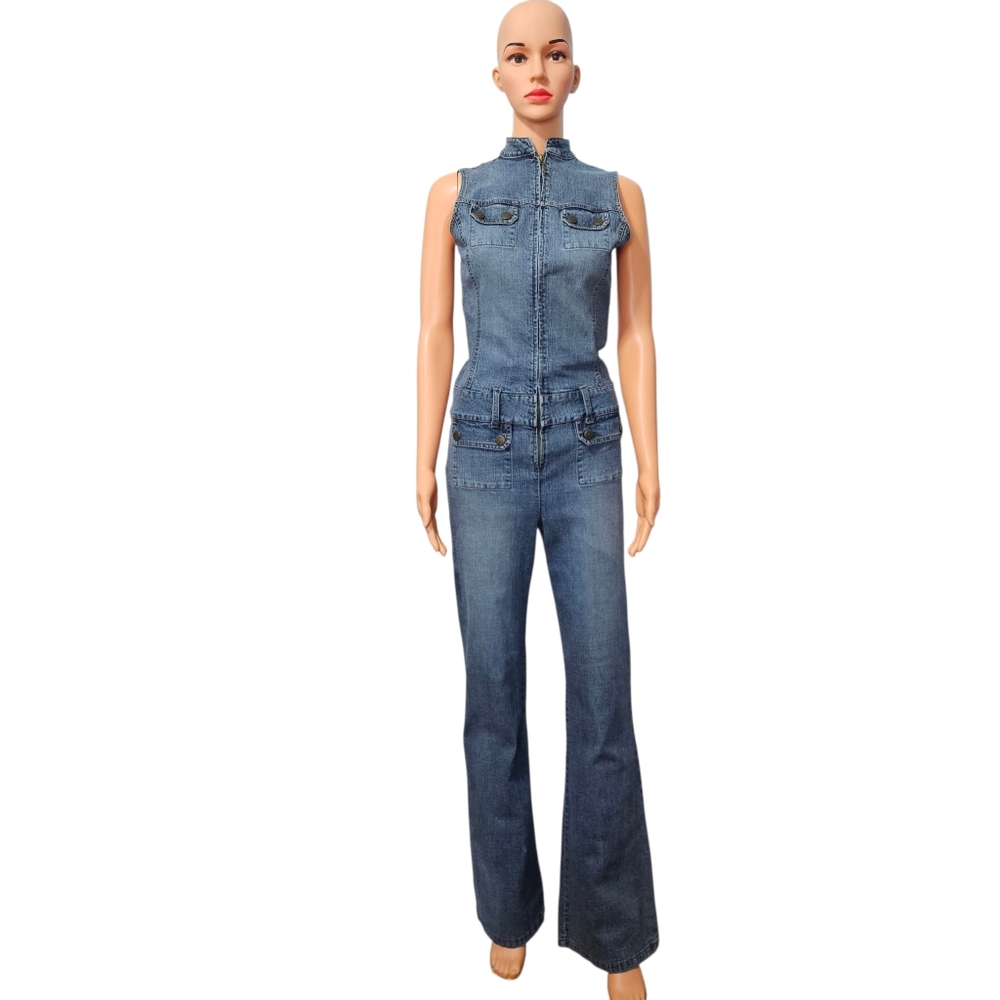 Vintage  Armor Jeans Flare Leg Sleeveless Zippered Denim Strertwear Jumpsuit S